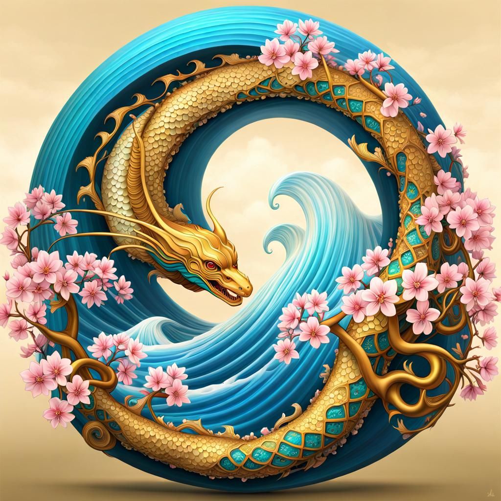 Sea Serpent Surfing Sakura in Fractal Style