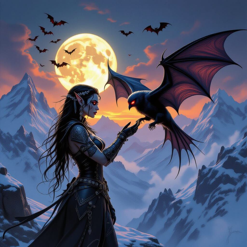 Dark Elf Tames Bat in Mountain Dawn Concept Art