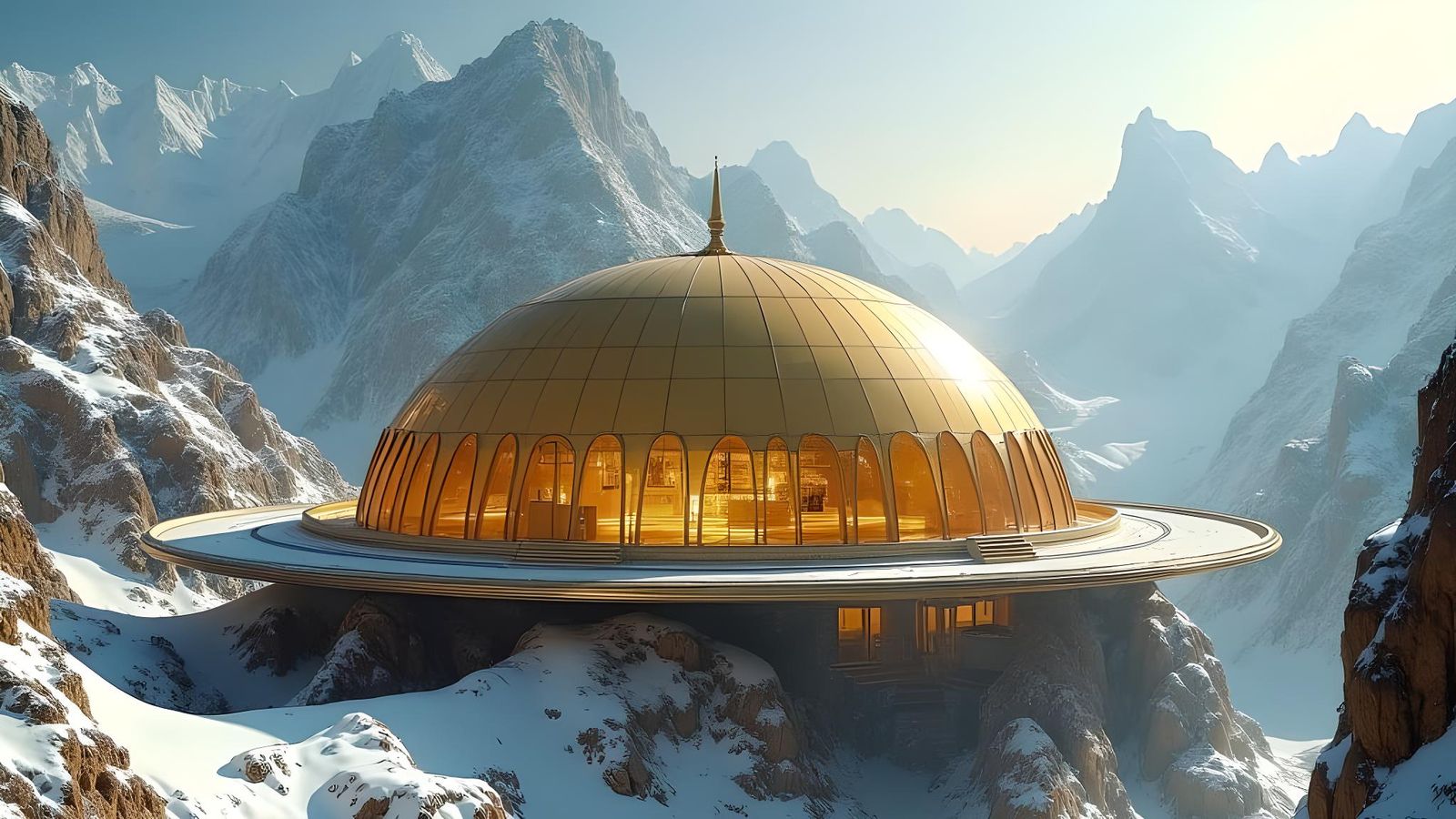 Sci-Fi Golden Temple in Rocky Mountains