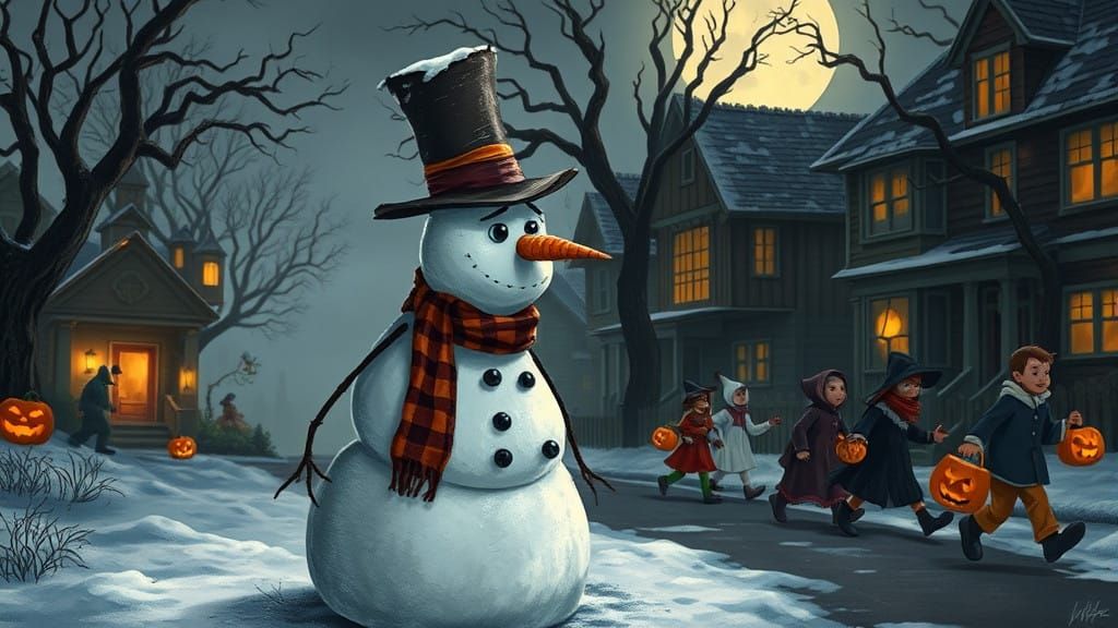 Forlorn Snowman Watches Trick-or-Treaters on Chilly Hallowee...
