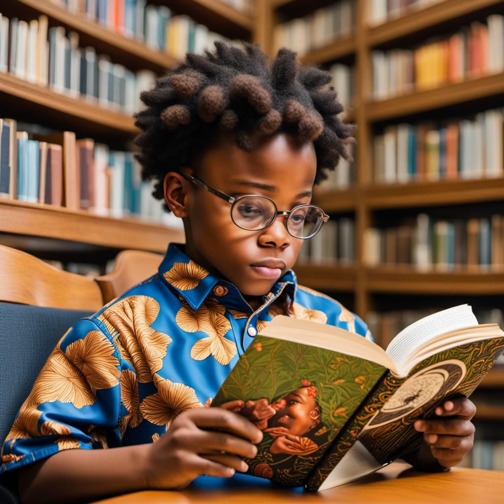 Child Reading Book: Kehinde Wiley-Style Portrait