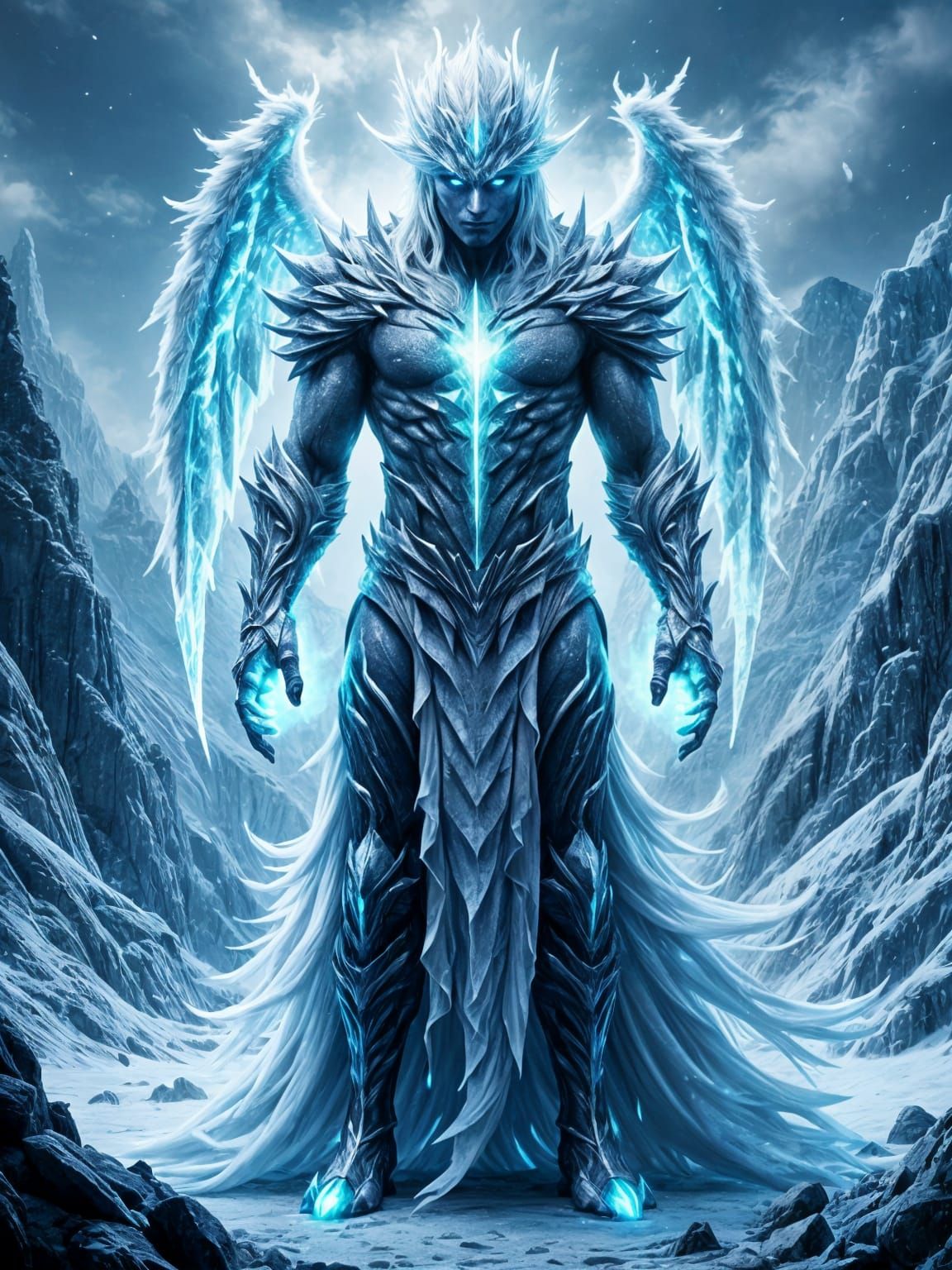Evil Ice Sorcerer in Frozen Mountain Landscape