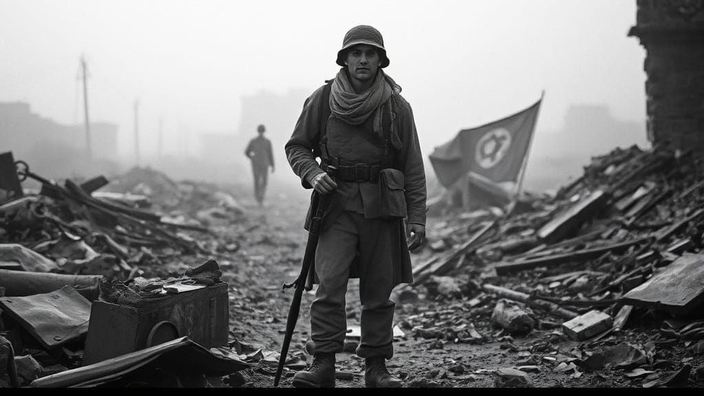 Worn Soldier in Ruined Battlefield, Photojournalism Style