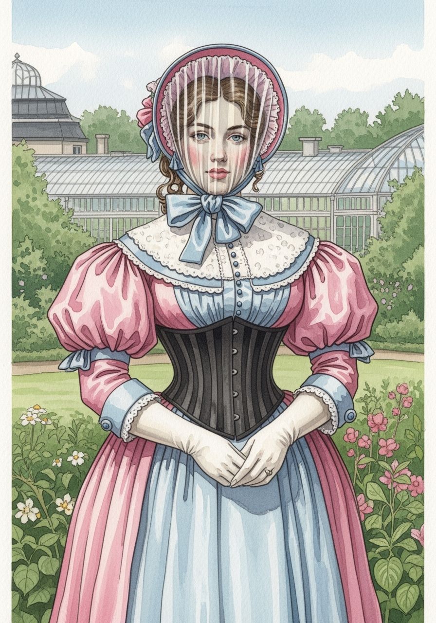 Victorian Woman in Botanic Garden: Watercolor Painting