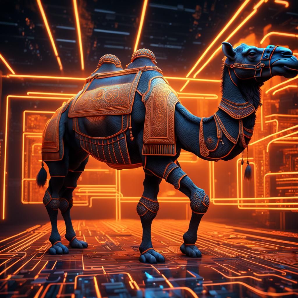 Isometric 3D Hologram of a Neon Camel
