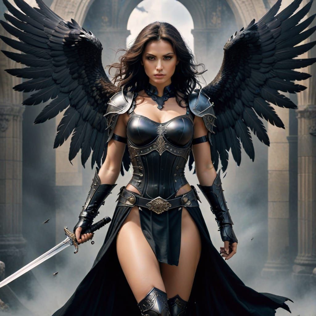 Sultry Dark Angel with Sword in Flight