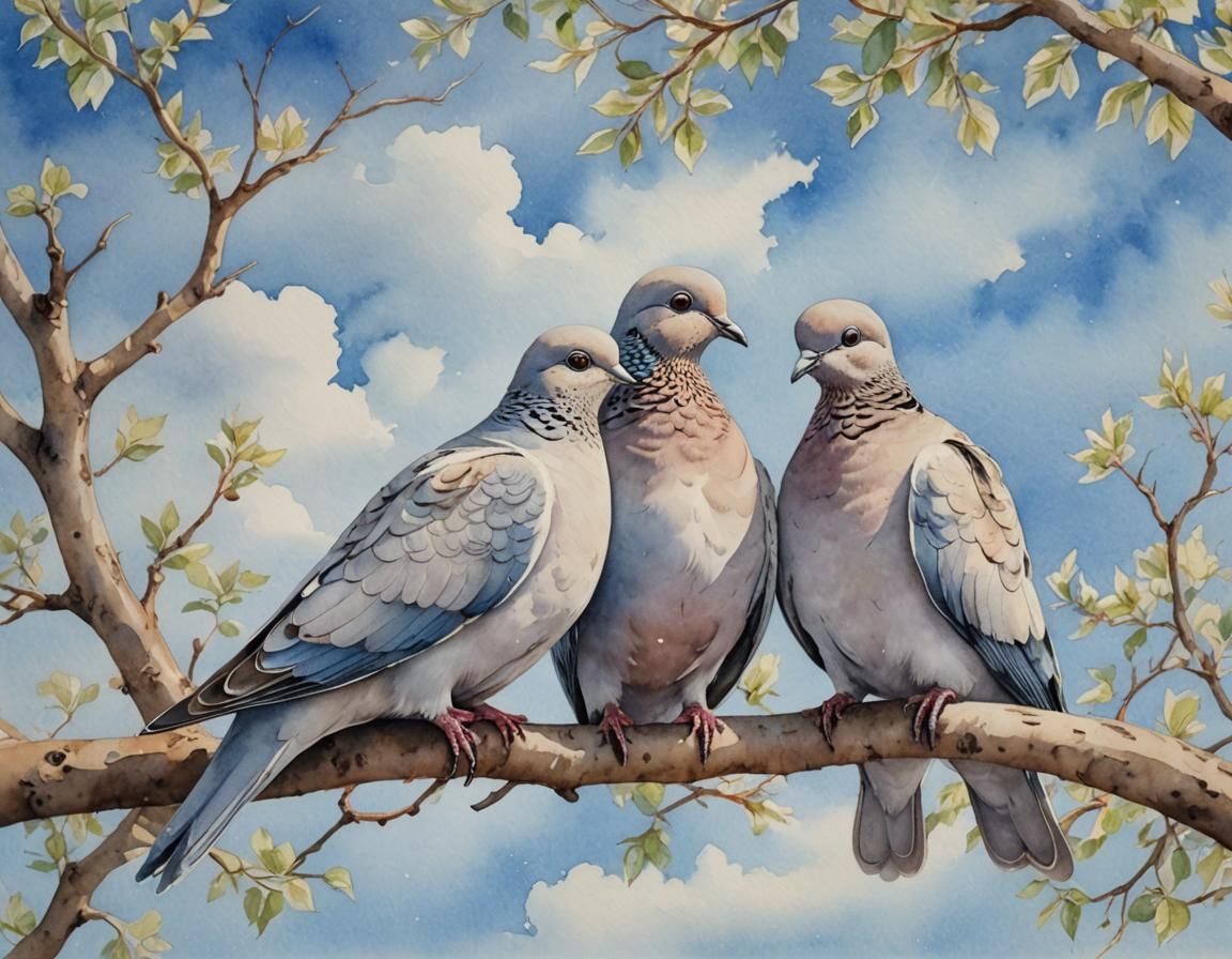 Pair of Doves in Watercolor Sky