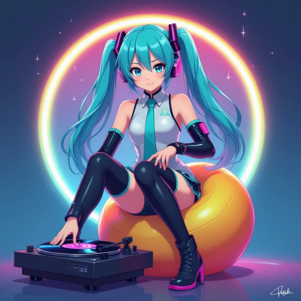Hatsune Miku with Record Player in Neon Style