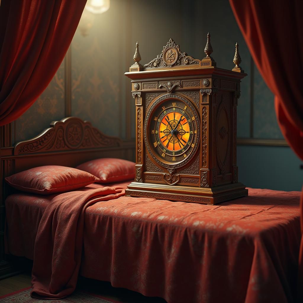Mystical Clock on Velvet Bed in 8k Matte Painting