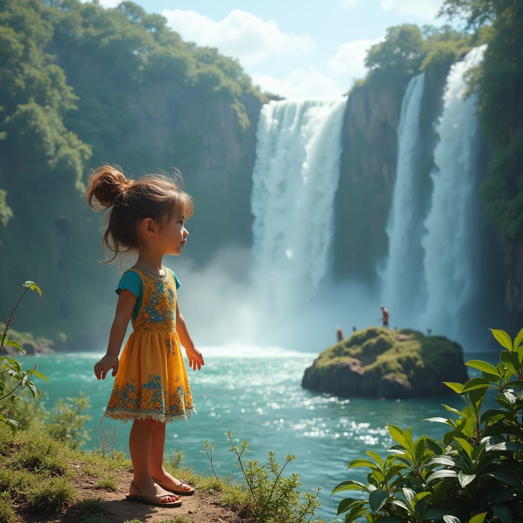 Young Girl Stands in Awe Before Iguazu Falls in Vibrant Real...