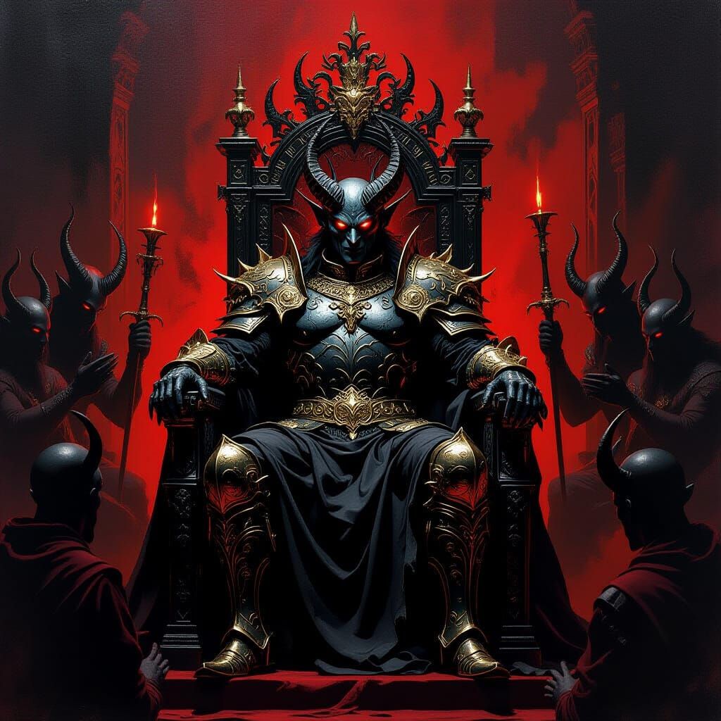 Regal Demon Lord on Obsidian Throne in Baroque Style