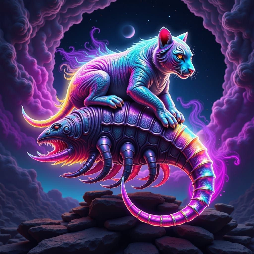 Astral Tiger Riding Rainbow Trilobite in Dream Landscape