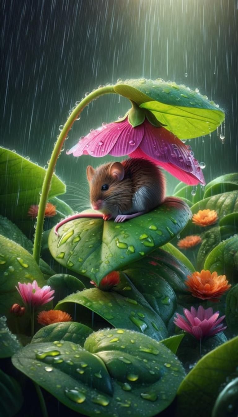 Mouse Takes Shelter From Rain Under Pink Flower