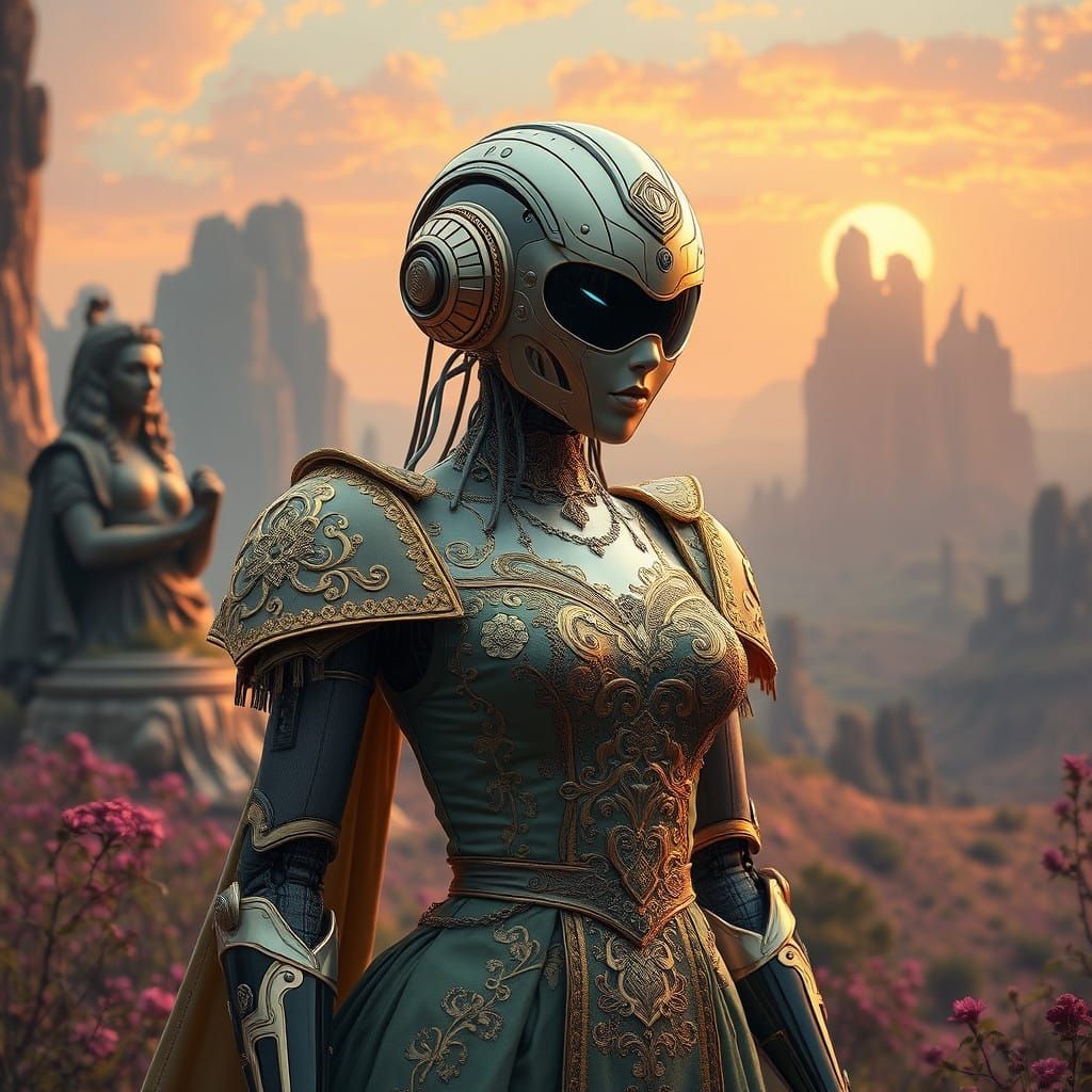 Cyberpunk Robot Pin-Up in Elegant Renaissance Attire