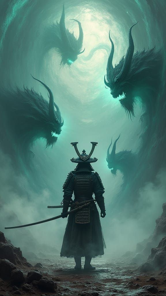 Lone Samurai Warrior Battles Spectral Demons in Dreamlike Mi...