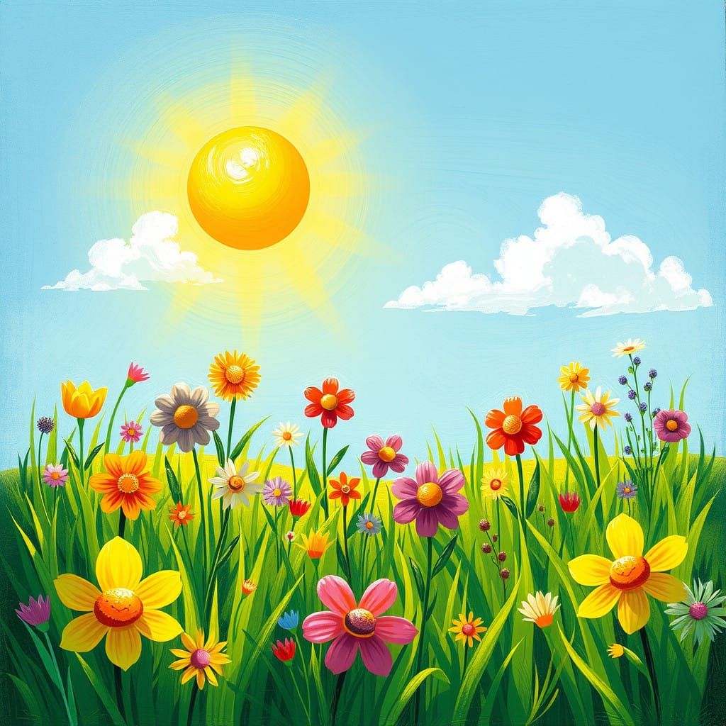 Vibrant Summer Scene in Whimsical Eric Carle Style