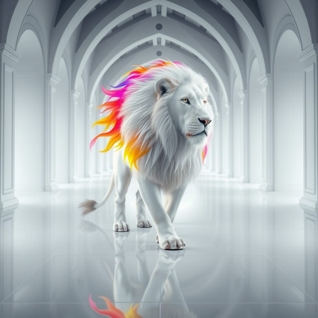 Albino Lion in Cathedral Hall with Rainbow Mane