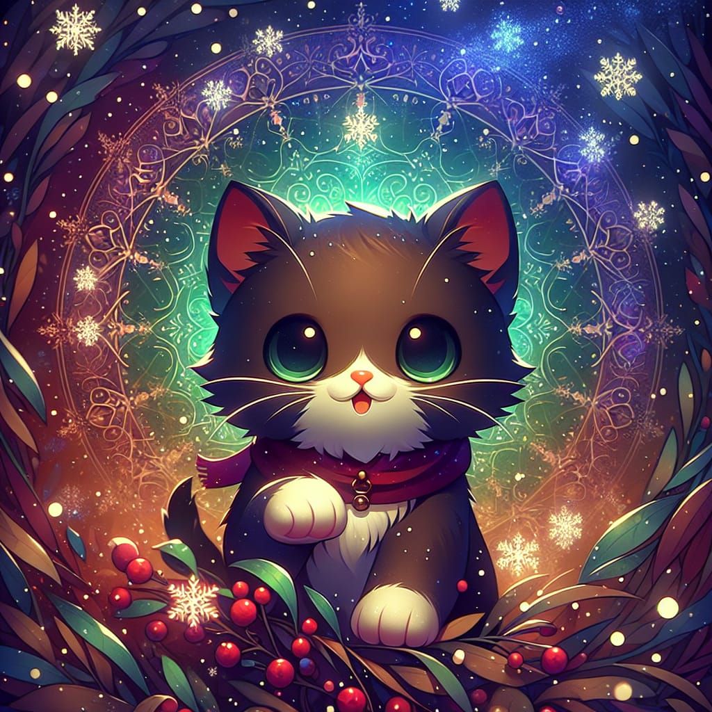 Festive Christmas Cat in Fantasy Art Style