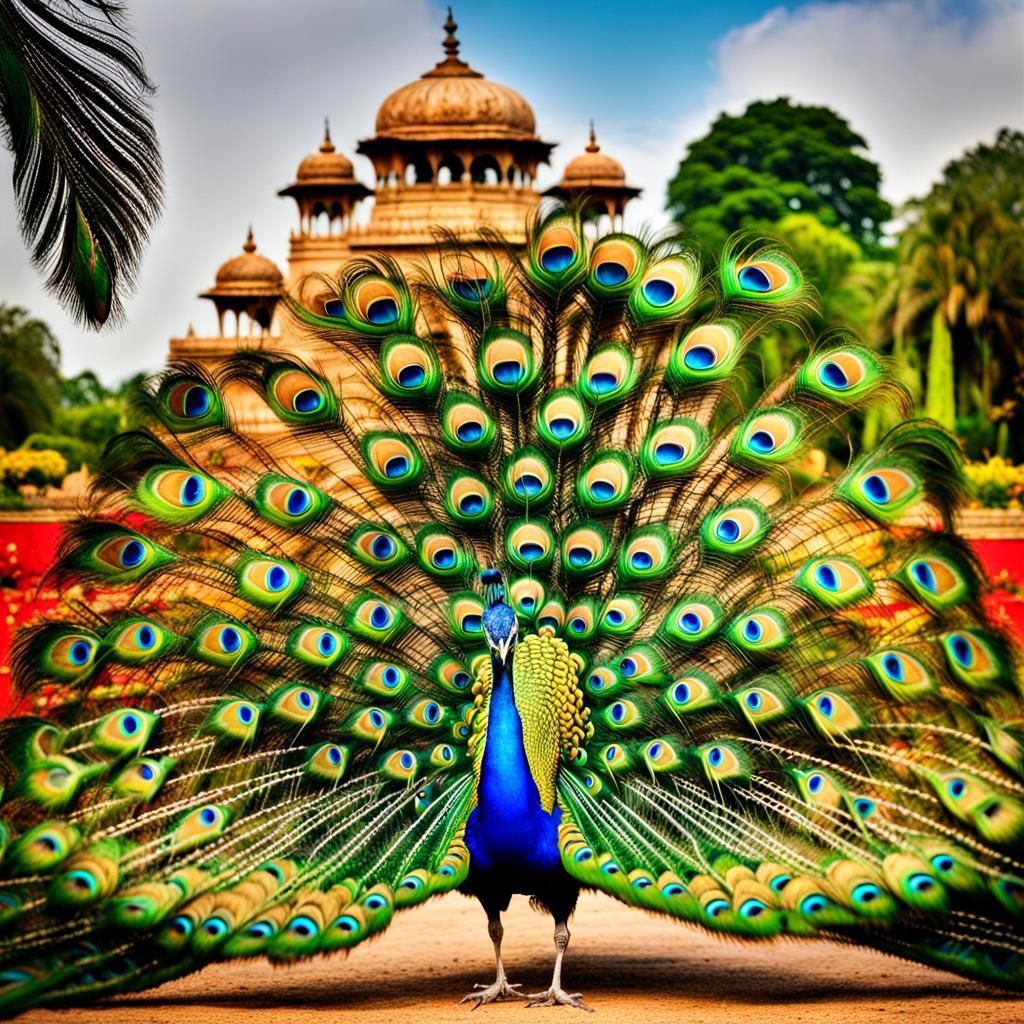 Indian Peacock Displays Feathers in Palace Garden