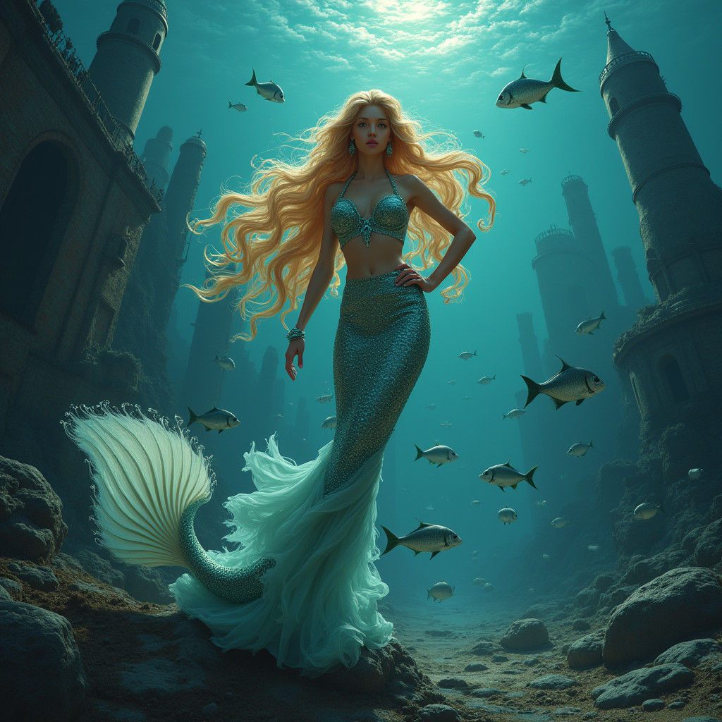 Mermaid Princess Posing in Lost Atlantic, Futuristic Realism
