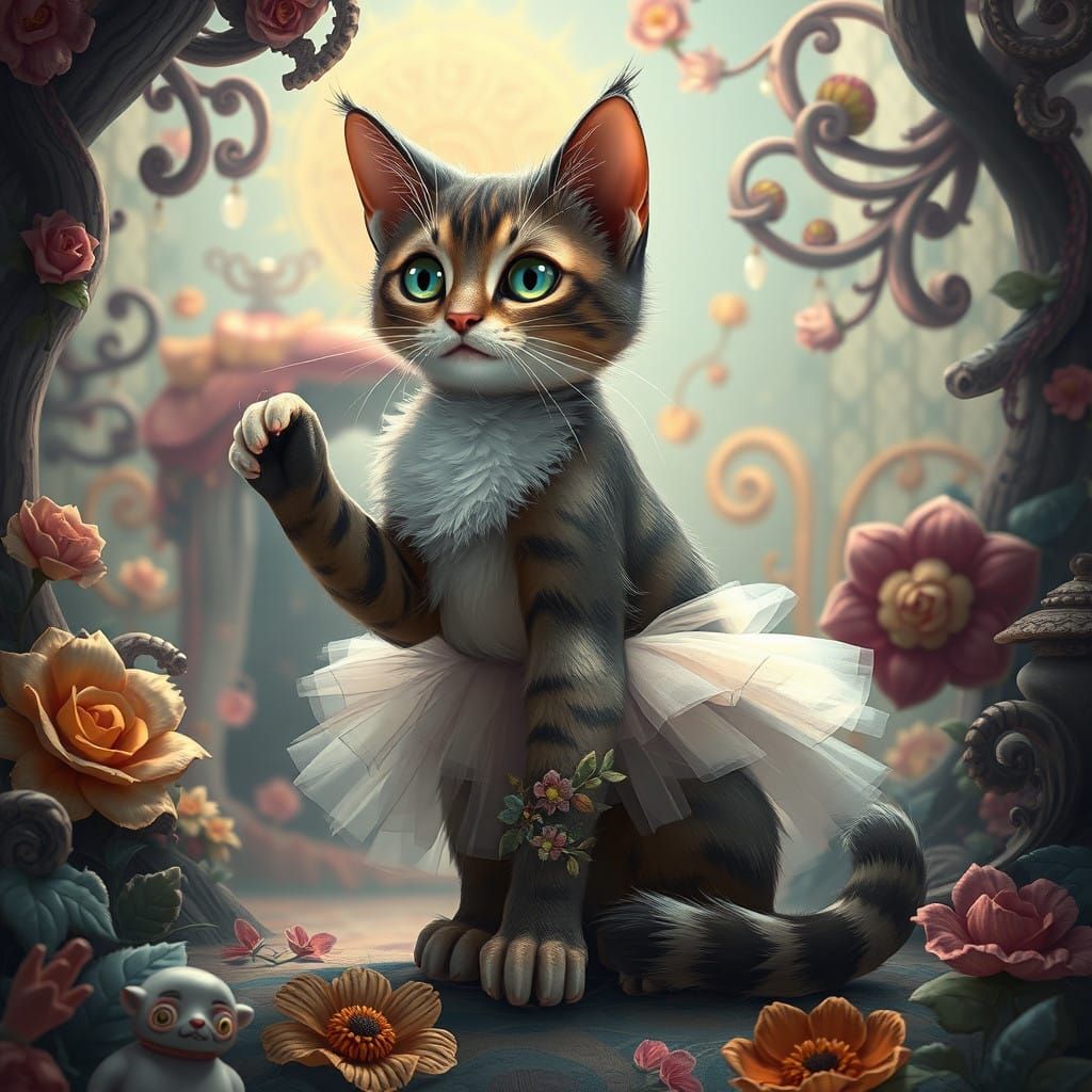 Whimsical Cat in Delicate Tutu, Enchanted Fantasy Scene
