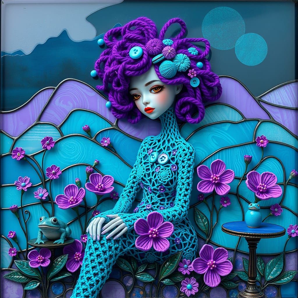 Crochet Woman on Glass Hill in Mixed Media Style