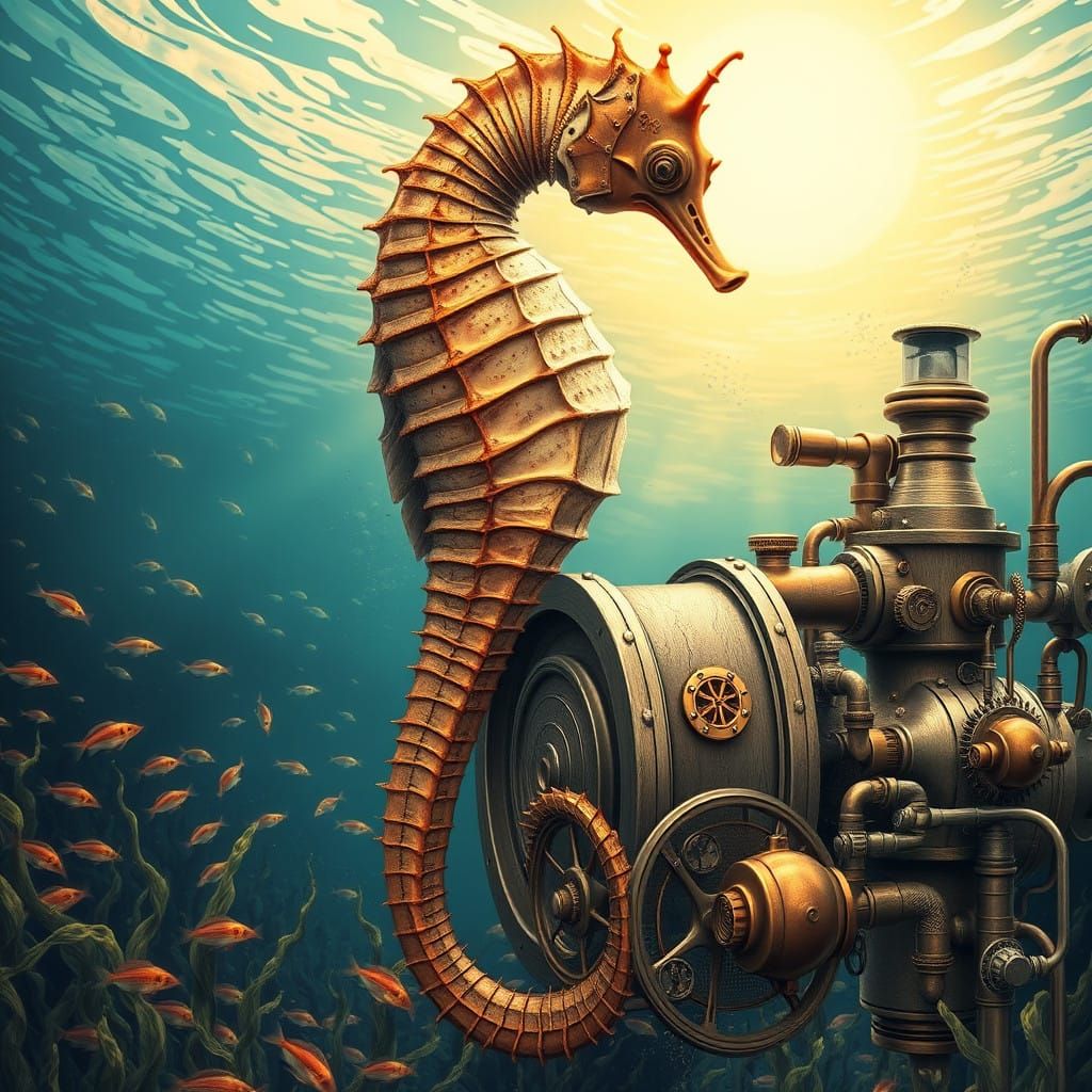 Steampunk Seahorse in a Sunlit Ocean Scene