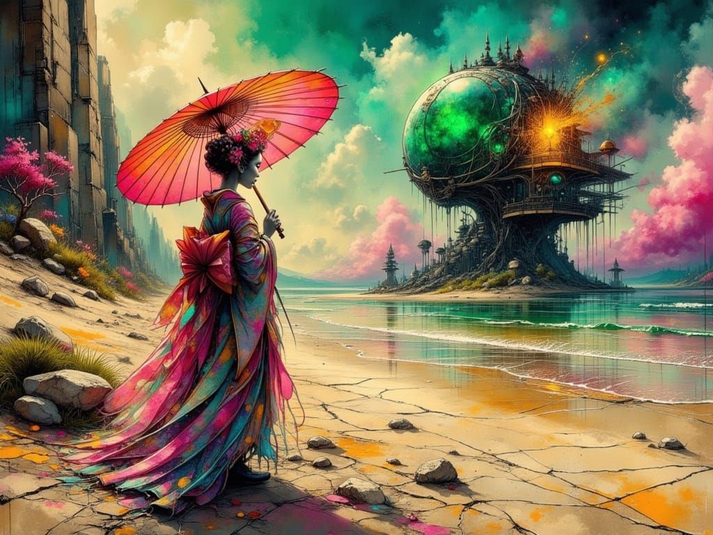 Surreal Geisha with Neon Mechanical Structure