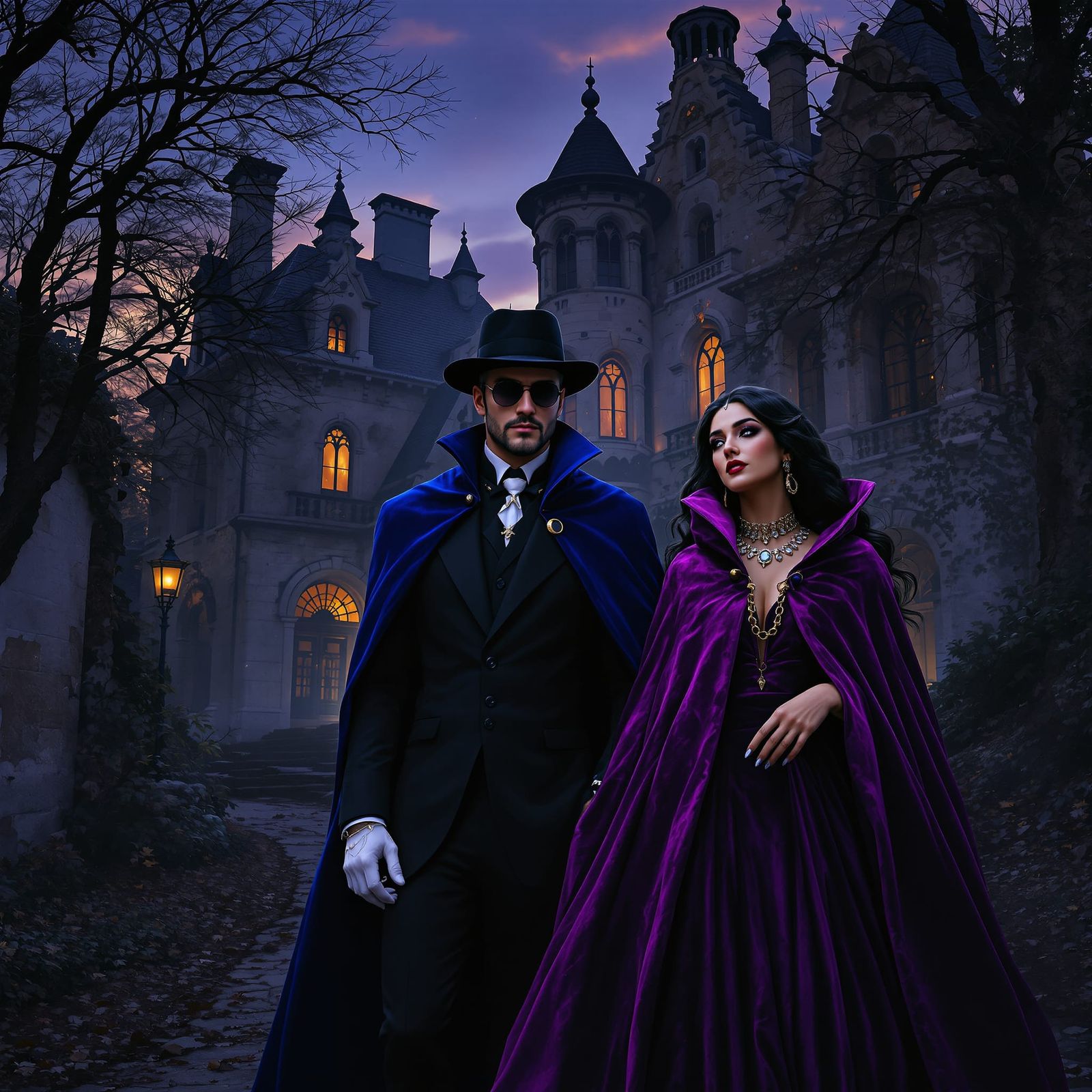 Dark Fantasy Couple Near Ancient Mansion at Twilight