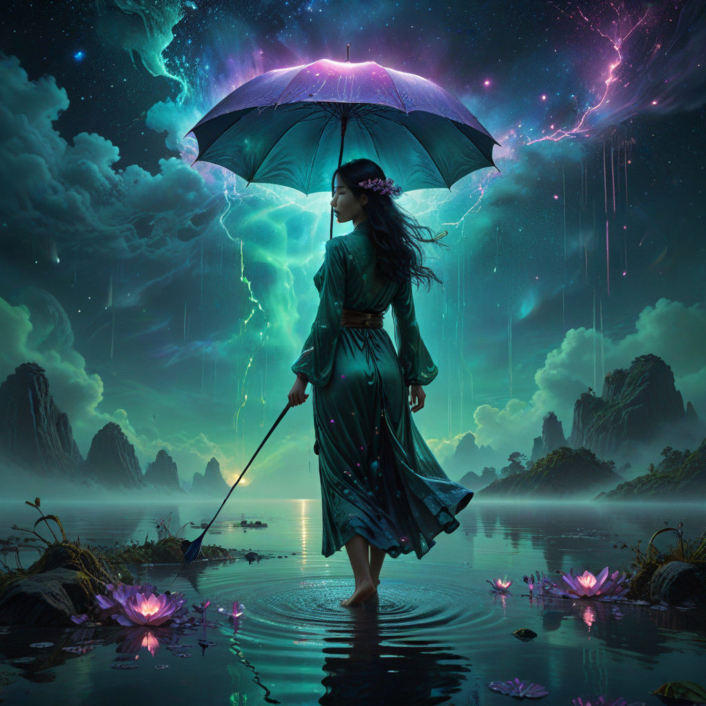 Asian Godqueen in Dreamlike Fantasy Landscape