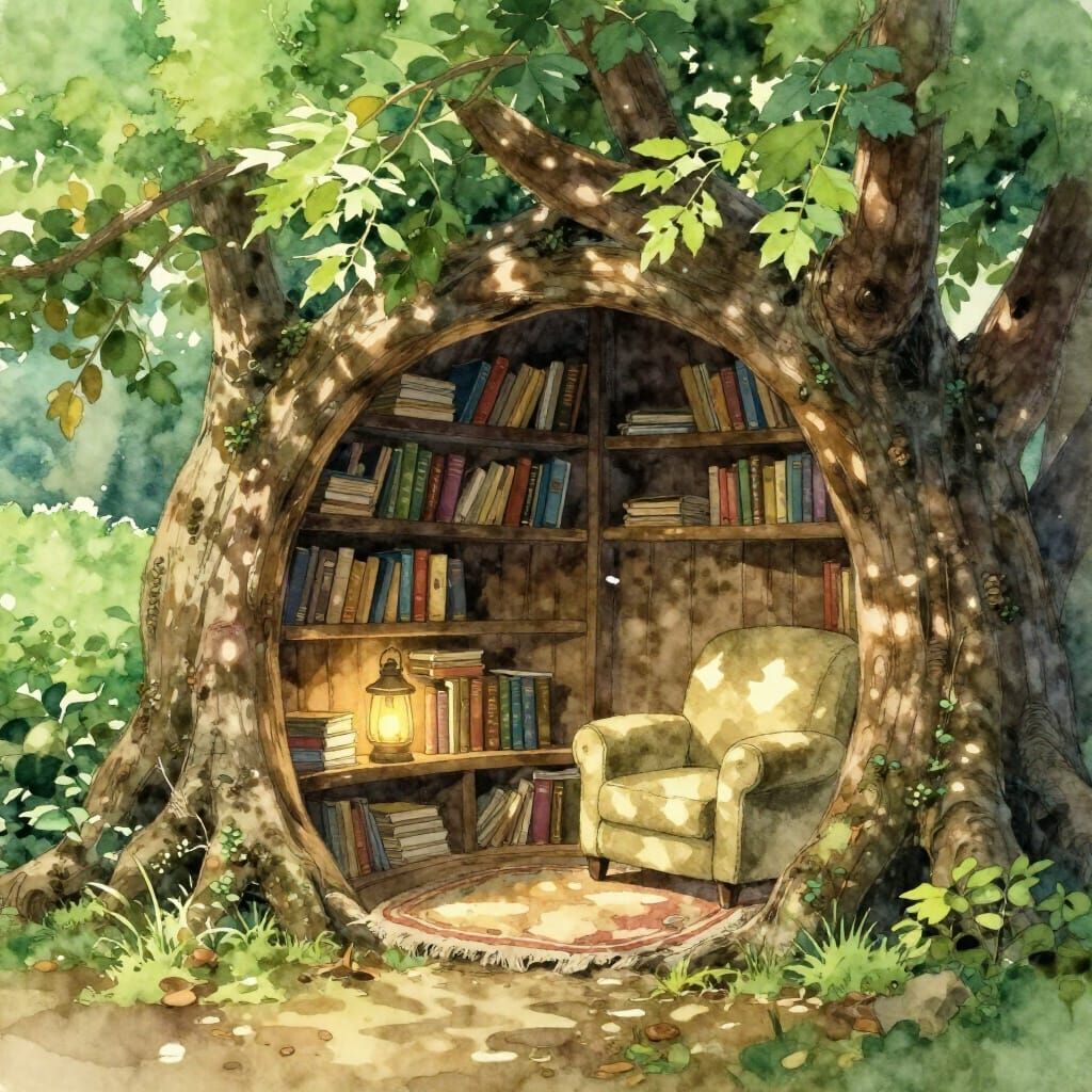 Cozy Tree Reading Nook with Dappled Sunlight