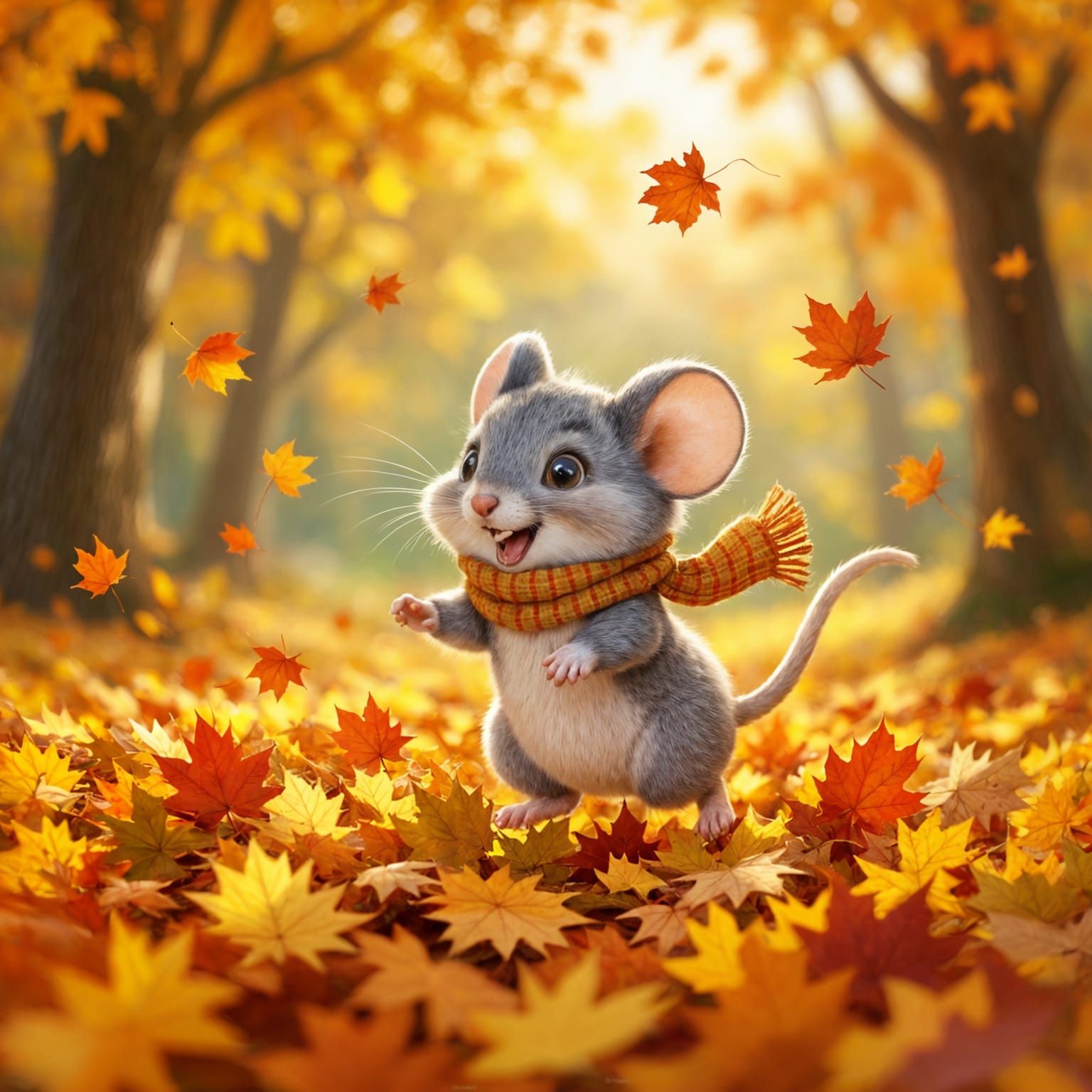Cute Mouse Leaping in Autumn Leaves