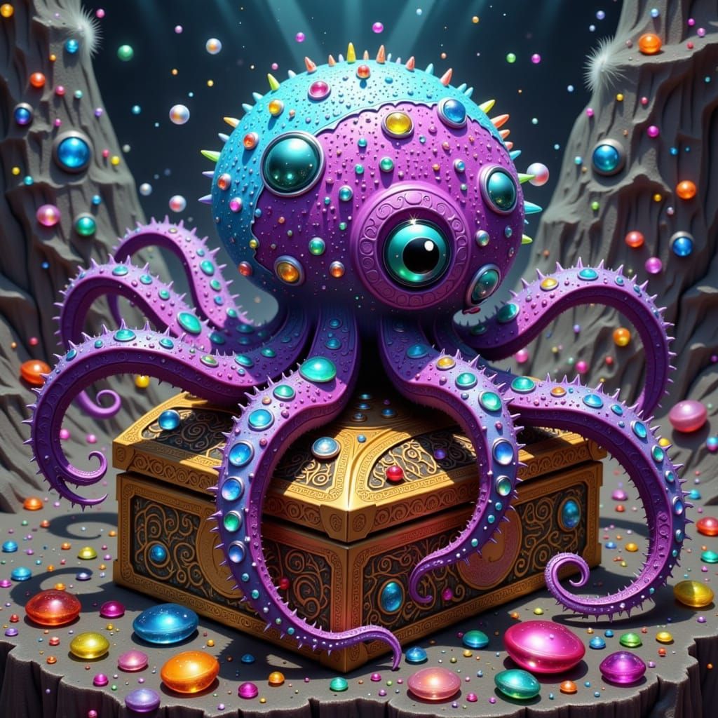 Surreal Spider-Octopus Amidst Shimmering Gemstone Mountains