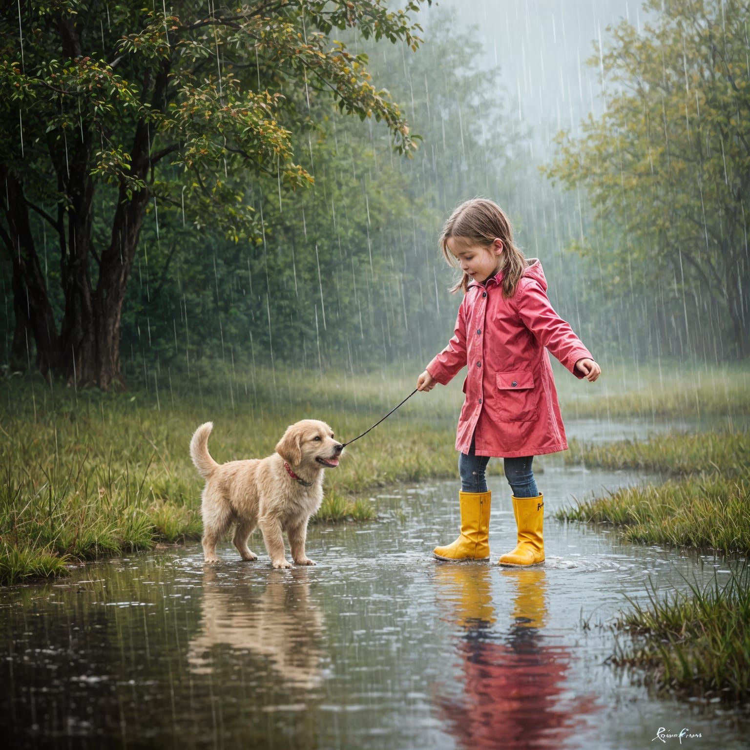 Girl and Puppy Play in Puddle as Fumage Painting