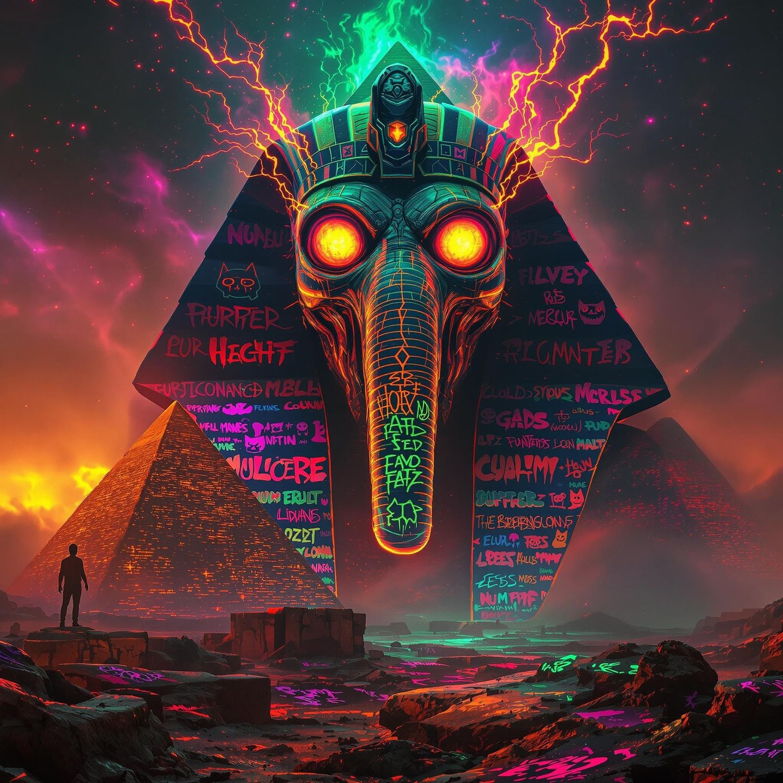 Psychedelic Anubis at Giza in Neon Colors