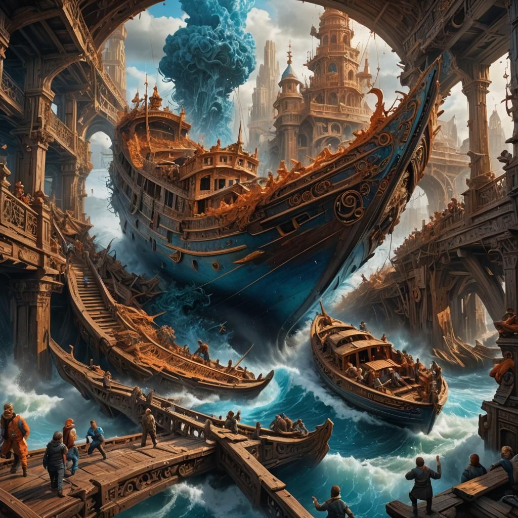 Ornate Boat Crash on Bridge: Fantasy Matte Painting