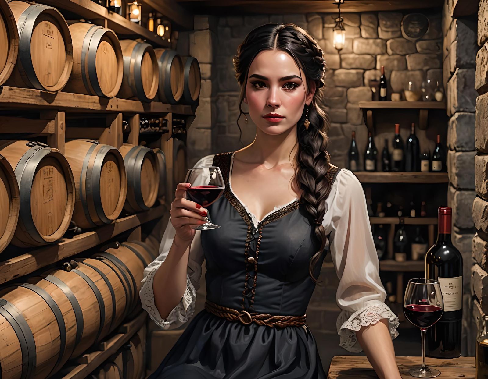 European Girl Drinking Wine in Cellar
