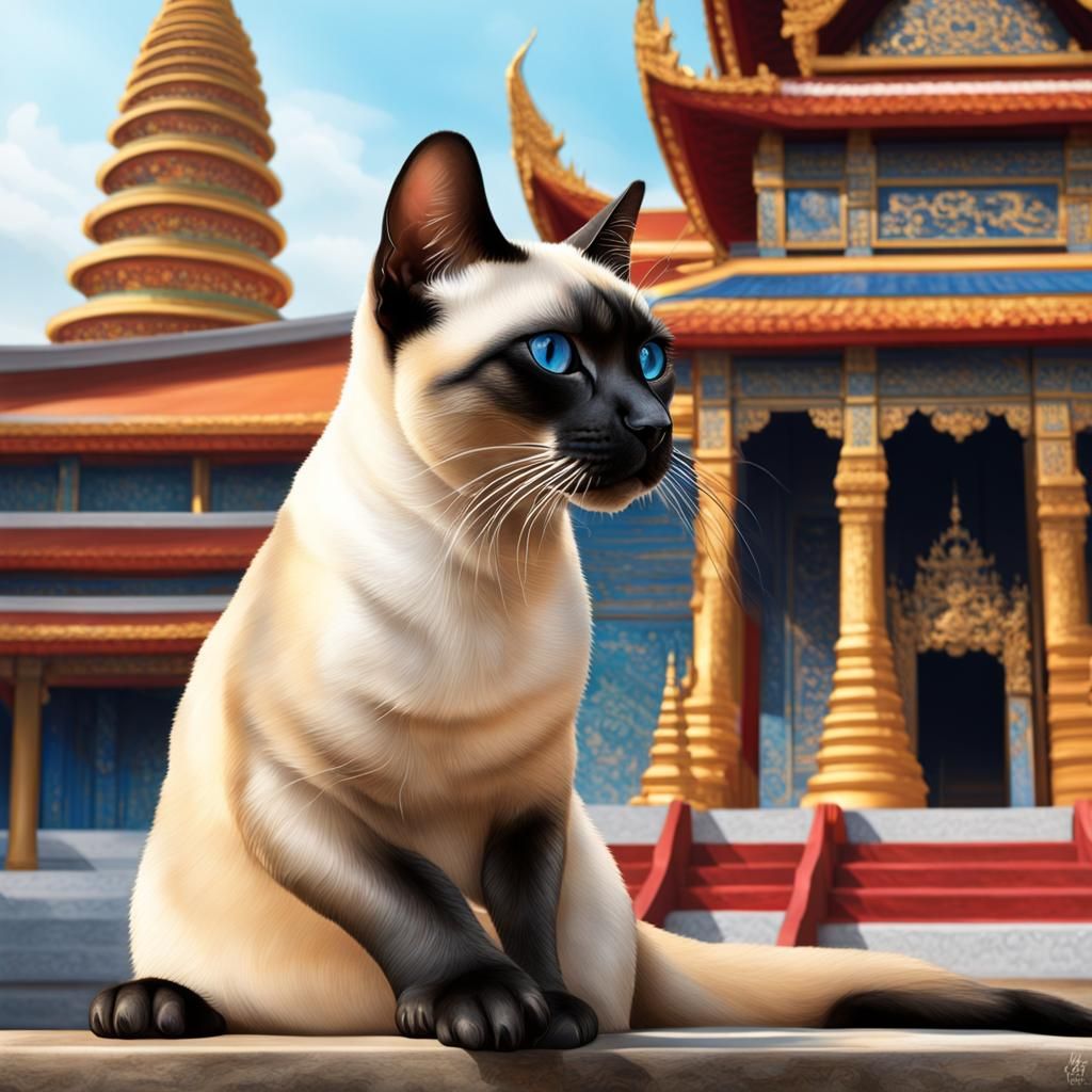 Siamese Cat with Thai Temple: Hyperrealistic Splash Art