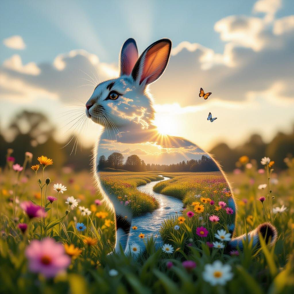 Majestic Cat Silhouette Filled With Spring Meadow Imagery