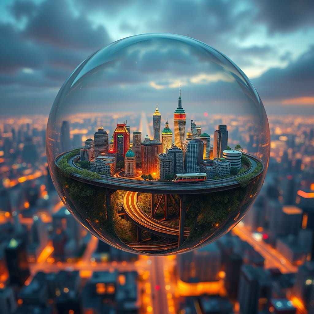 A floating orb with a miniature metropolis inside.