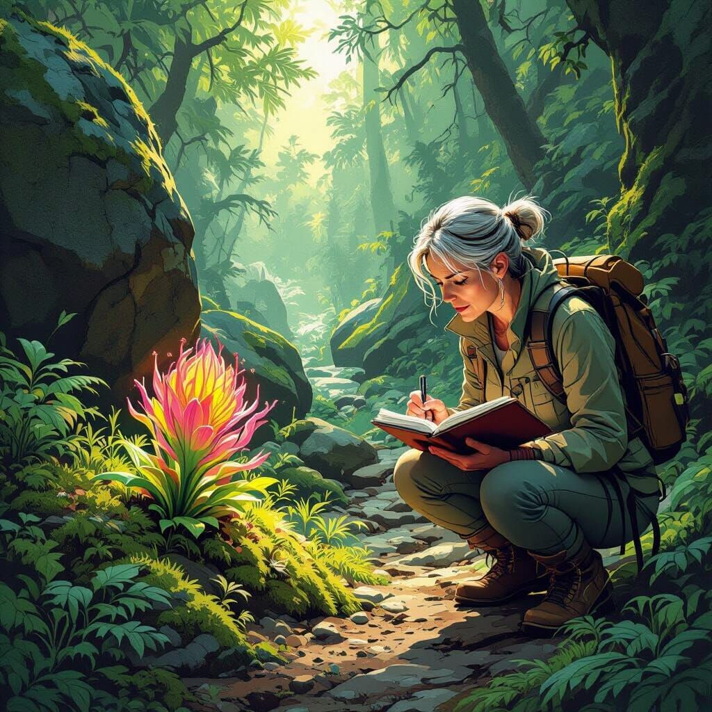 Woman Studies Alien Plant in Comic Book Forest