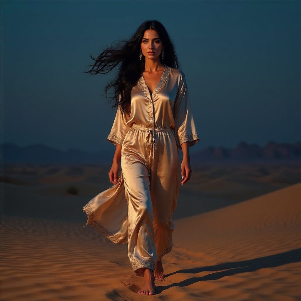Arab Woman Walking Through Desert at Night