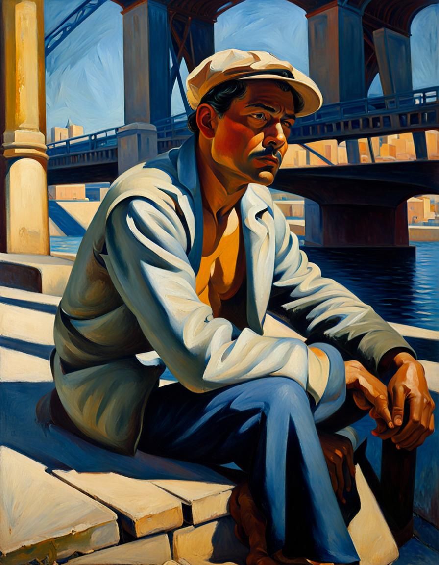 Laborer Resting Under Bridge: American Realism Oil Painting