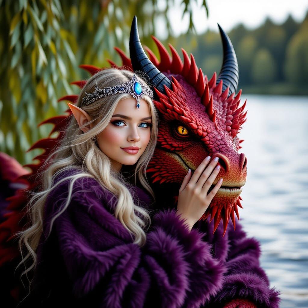Elven Girl Snuggling Red Dragon on Lake Shore