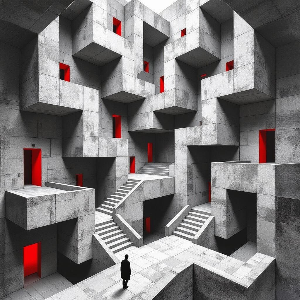 Monochrome Labyrinth: An Escher-Inspired Brutalist Nightmare