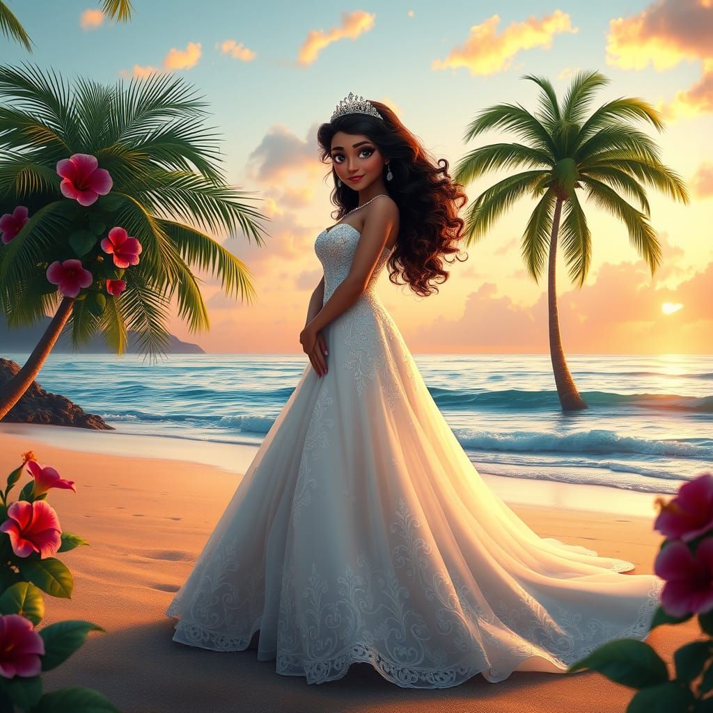 Moana in Elegant White Wedding Gown at Sunset