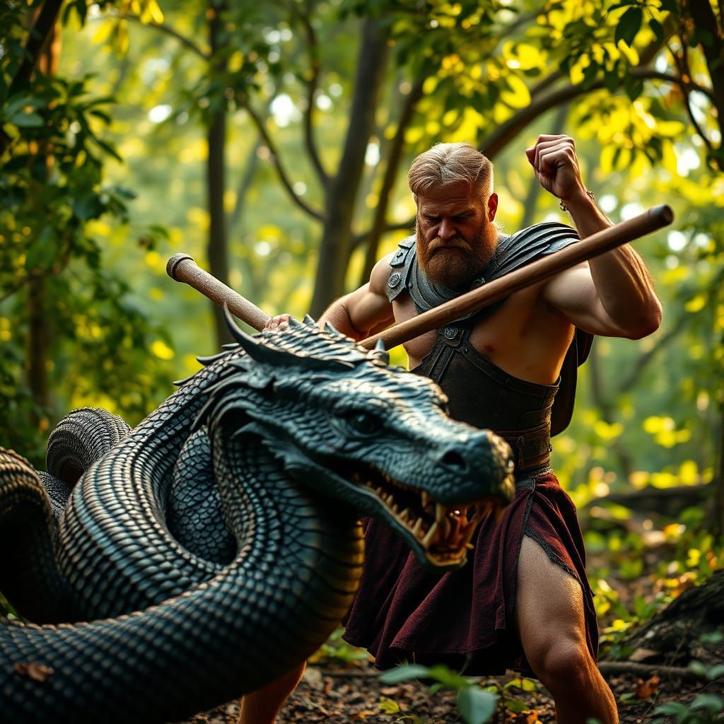 Ancient Greek Warrior Battles Multi-Headed Serpent in Verdan...