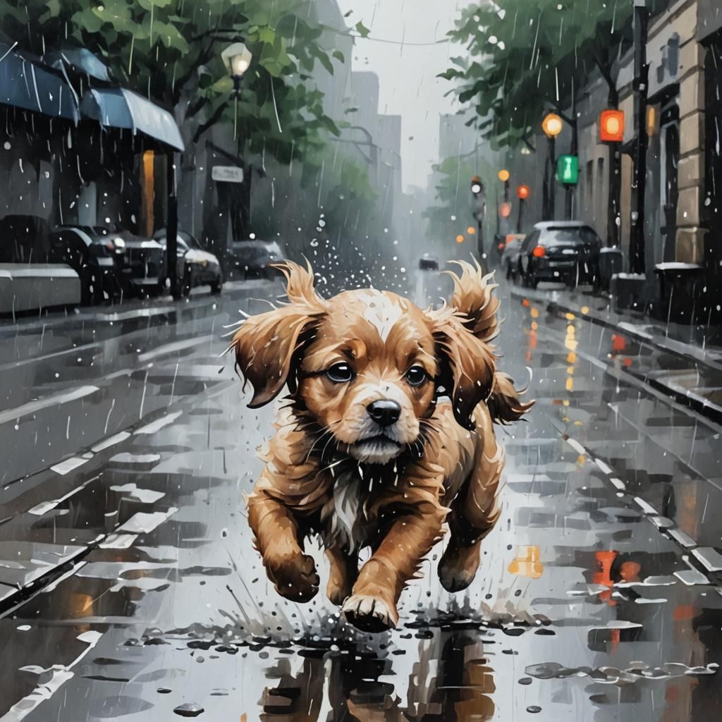 Sad Puppy Running in the Rain: Gouache Painting