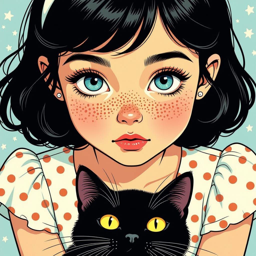 Girl and Black Cat Portrait in Comic Book Style