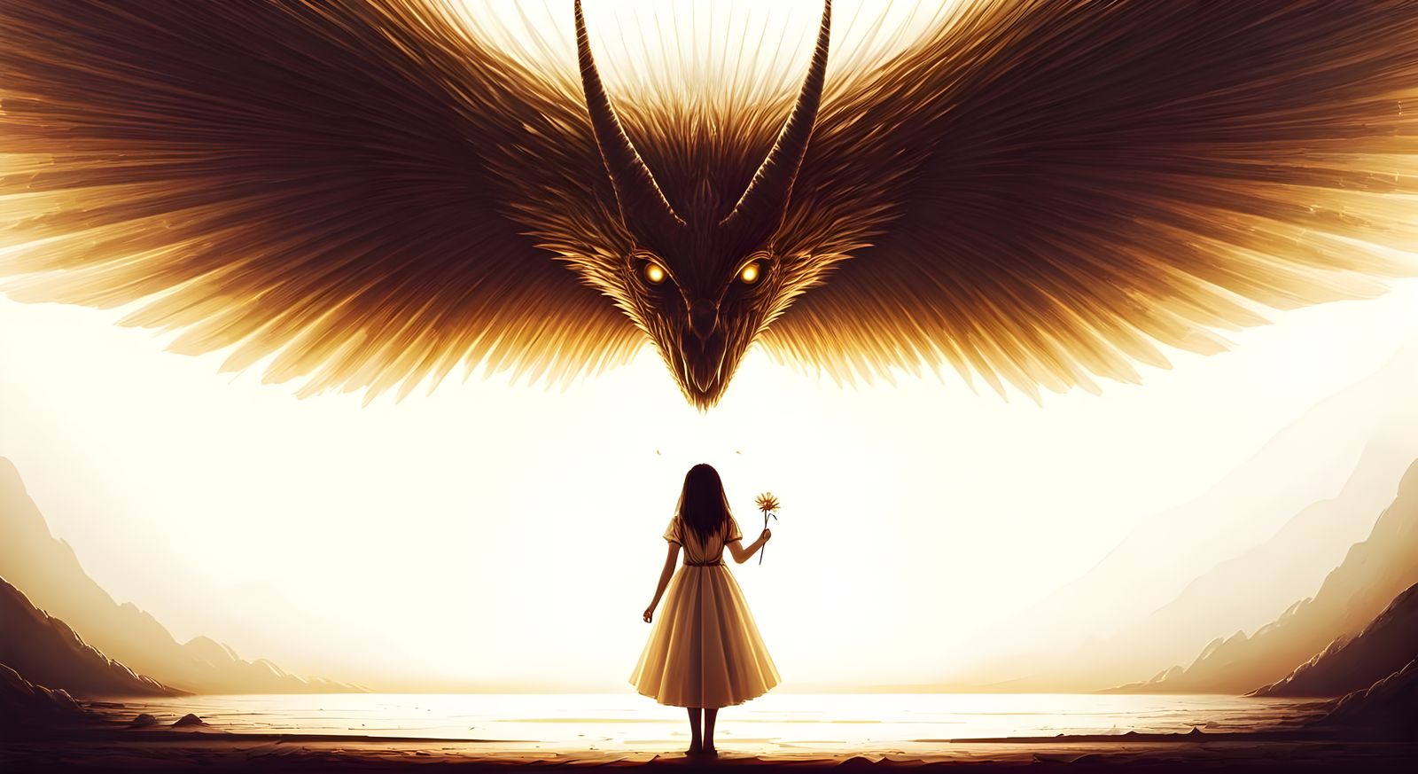 Silhouette Girl and Winged Beast in Horror Style